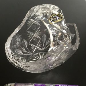 Crystal Basket Candy Dish Etch Rose 🌹 Flower Poland Art Glass